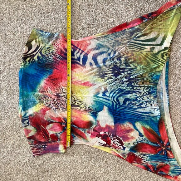 Y2k Floral Vibrant Artsy Asymmetrical Hem Colorful Flowy Tunic Top w Rhinestones - Picture 9 of 9